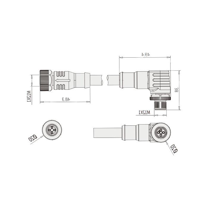 M12 4Pin T-coded、母头直型转公头90°、双端预铸PUR柔性电缆、黑色护套、64TD25-XXX