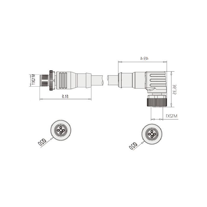 M12 4Pin T-coded、母头90°转公头直型、双端预铸PVC非柔性电缆、灰色护套、64TD41-XXX